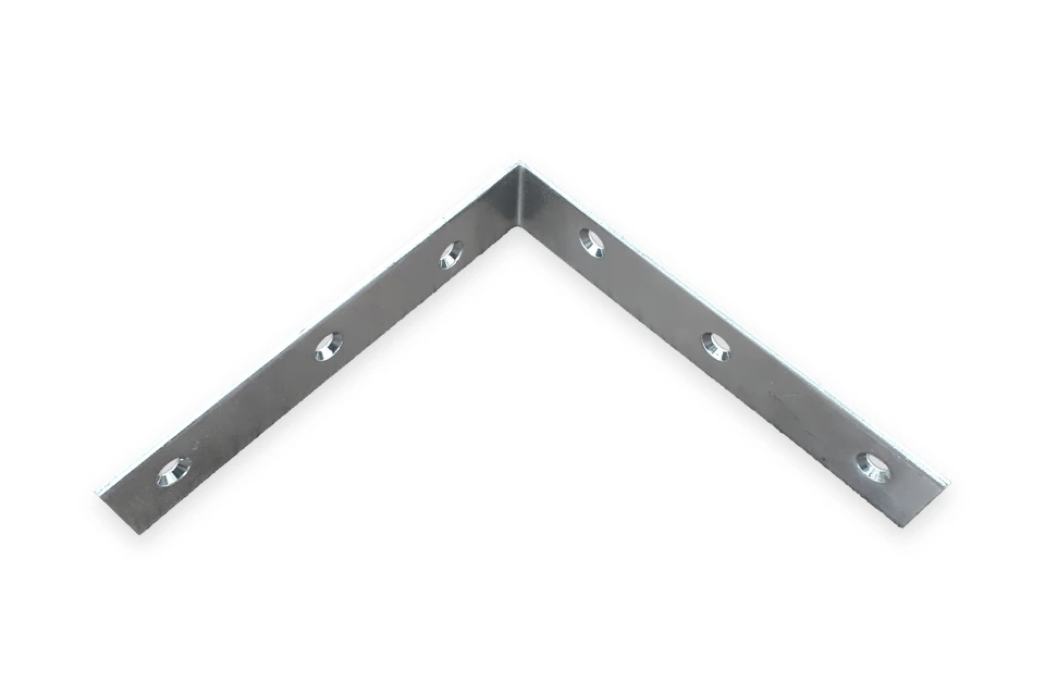 Metal angle bracket with six mounting holes on a white background
