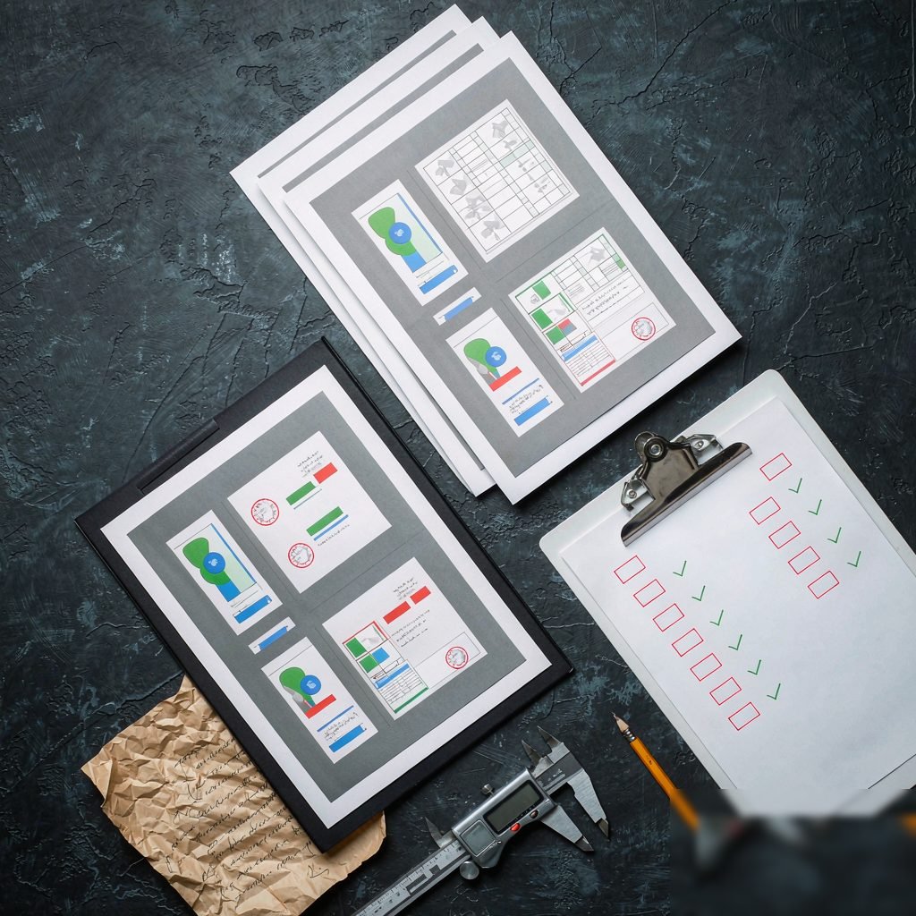 Inspection reports and material certificates organised on a desk