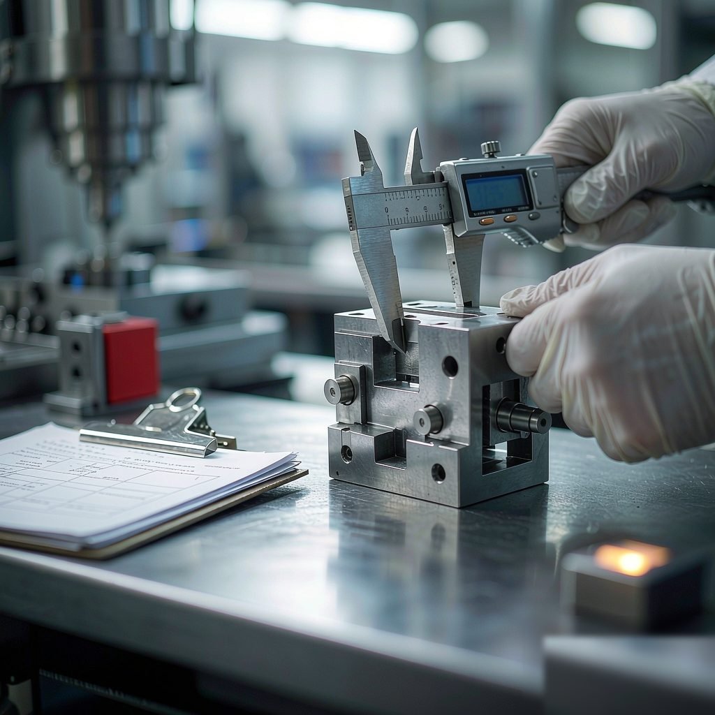 Quality engineer measuring a machined part with a digital caliper